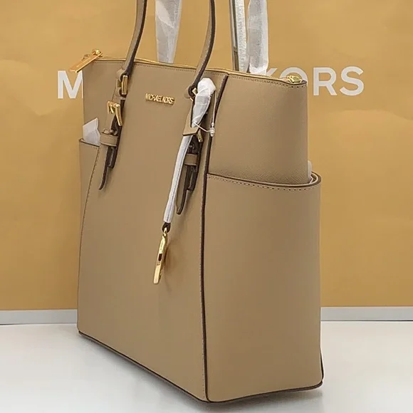 MICHAEL KORSJet Set Lg Crossgrain Leather Top-Zip Charlotte Tote ShoulderCamel
